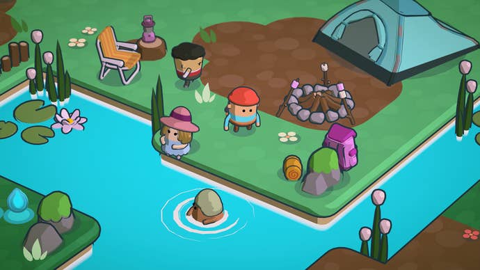 The player stands near the lake at a campsite with other characters in Pine Hearts