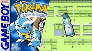 Blastoise from the front cover of Pokemon Blue version next to a bottle of fresh water.