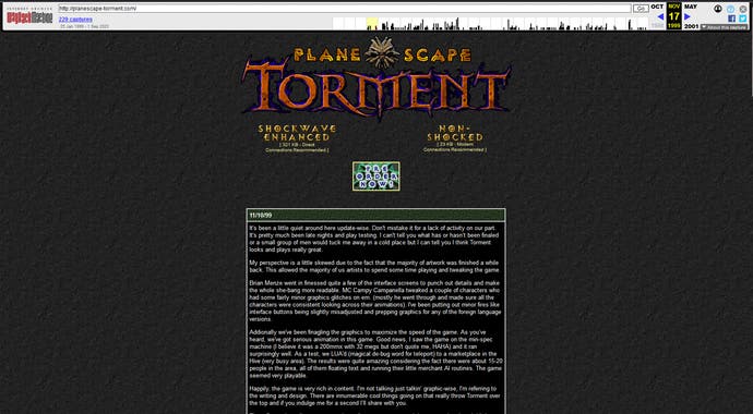 The Planescape: Torment 1990s website front page