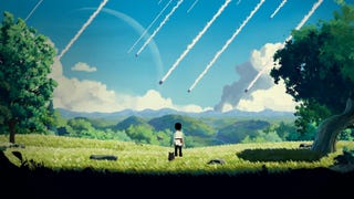 Lana and her alien pet stand on a green hill, watching pods drop into the atmosphere in Planet Of Lana