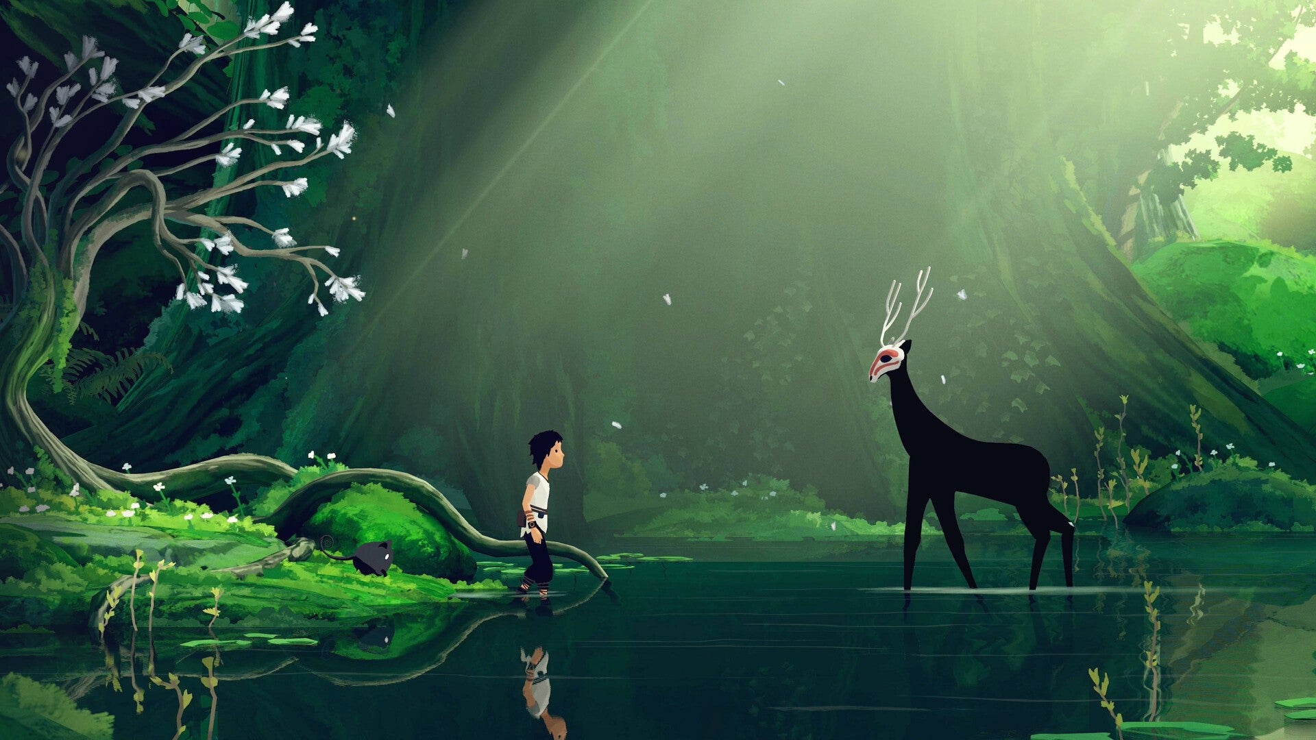 Lana and Mui allow a mysterious deer-like animal to approach in Planet of Lana 2. - 1