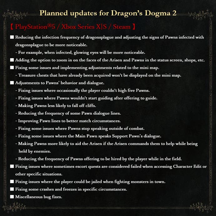 Planned update notes for Dragons Dogma 2