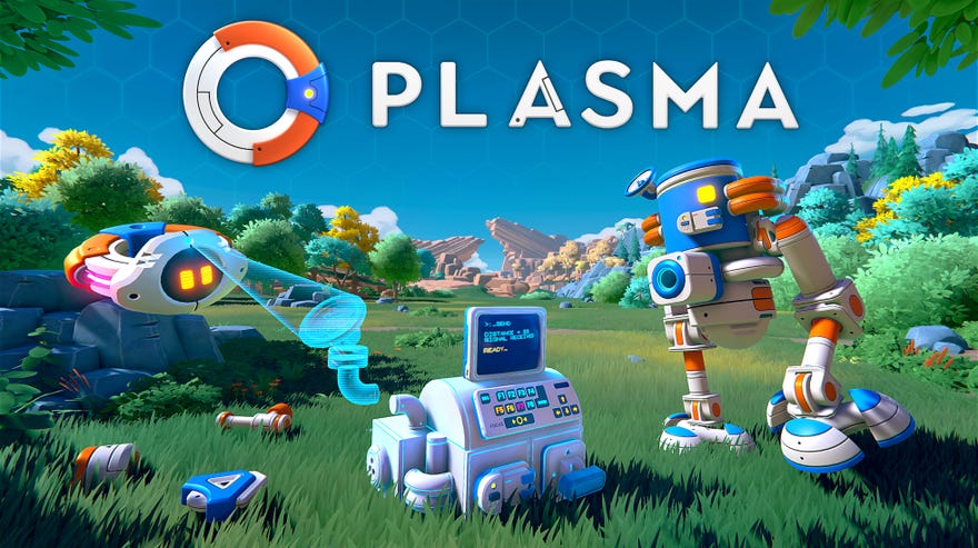 A group of robots gather in front of the logo for Plasma