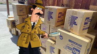 A cartoon detective looks over a pile of boxes containing Playdate consoles