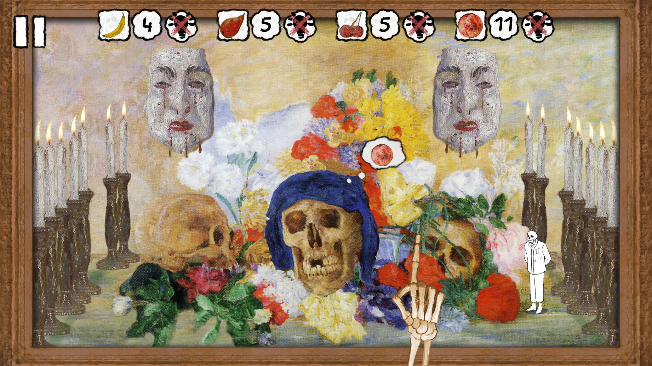 A cartoon skeleton navigates a painting of skulls and other artfully arranged faces in Please, Touch The Artwork 2 - 1