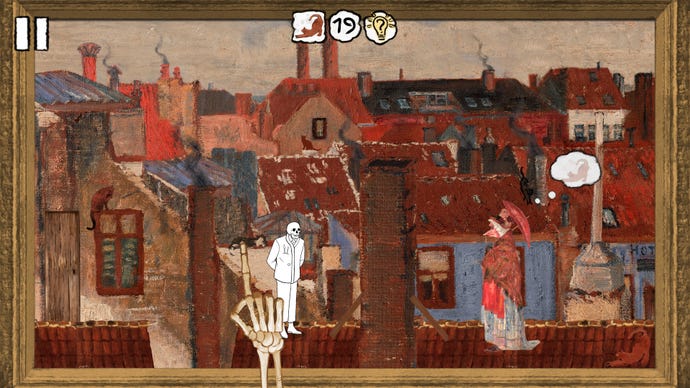 A skeleton walks on a rooftop next to an old woman collecting cats in a painting in Please, Touch The Artwork 2