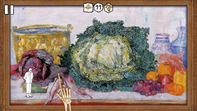 A skeleton walks through a still life painting of vegetables in Please, Touch The Artwork 2