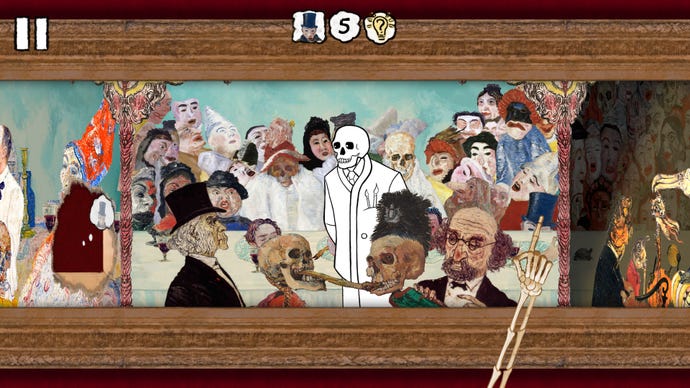 A skeleton walks through a crowded wedding scene painting in Please, Touch The Artwork 2