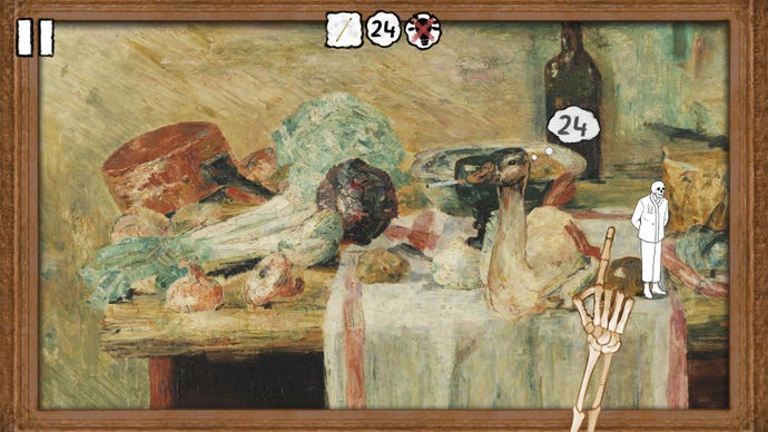 A skeleton stands next to a duck smoking a cigarette in a still life painting in Please, Touch The Artwork 2