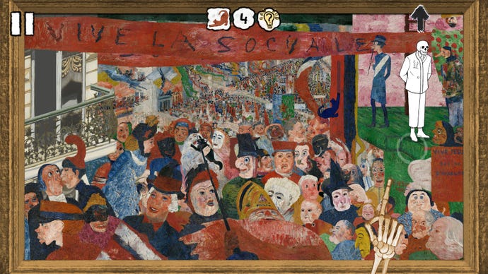 A skeleton stands on a platform above a crowded street scene painting in Please, Touch The Artwork 2