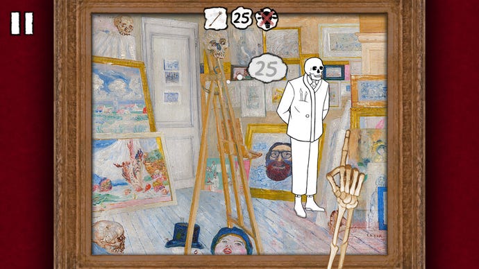 A skeleton stands in an artist's studio in Please, Touch The Artwork 2