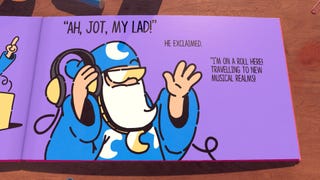Screenshot from Plucky Squire showing a wizard listening to music via headphones.