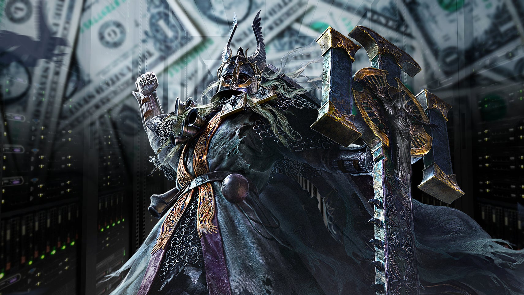 An image of a soldier from Path of Exile 2 in the middle, flanked by a server room on either side, with a line of dollars faded into the background above. - 1