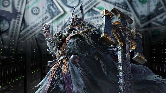 An image of a soldier from Path of Exile 2 in the middle, flanked by a server room on either side, with a line of dollars faded into the background above.