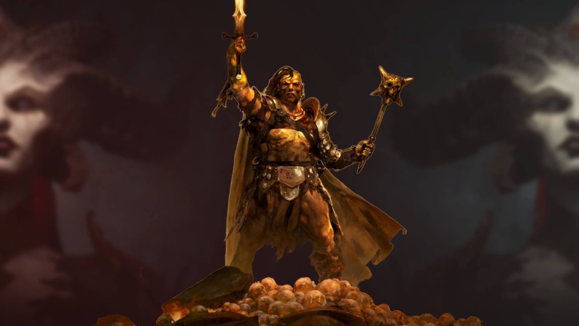 A hero from Path of Exile 2 over two blurred Lilith portraits from Diablo 4 - 1