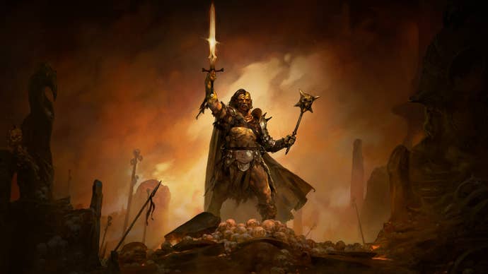 Artwork of Path Of Exile 2’s Marauder class, who is standing on a pile of skulls and holding up their sword