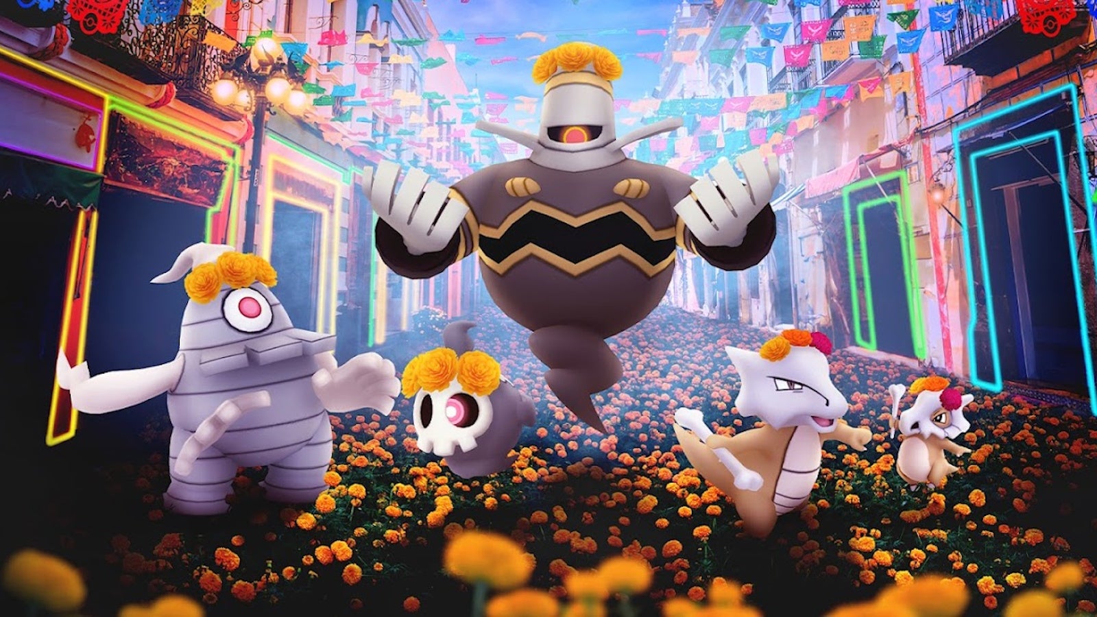 cropped dia de muertos event artwork with cubone, marowak, duskull, dusclops, and dusknoir weaking cempasúchil crowns on a street covered in orange flowers