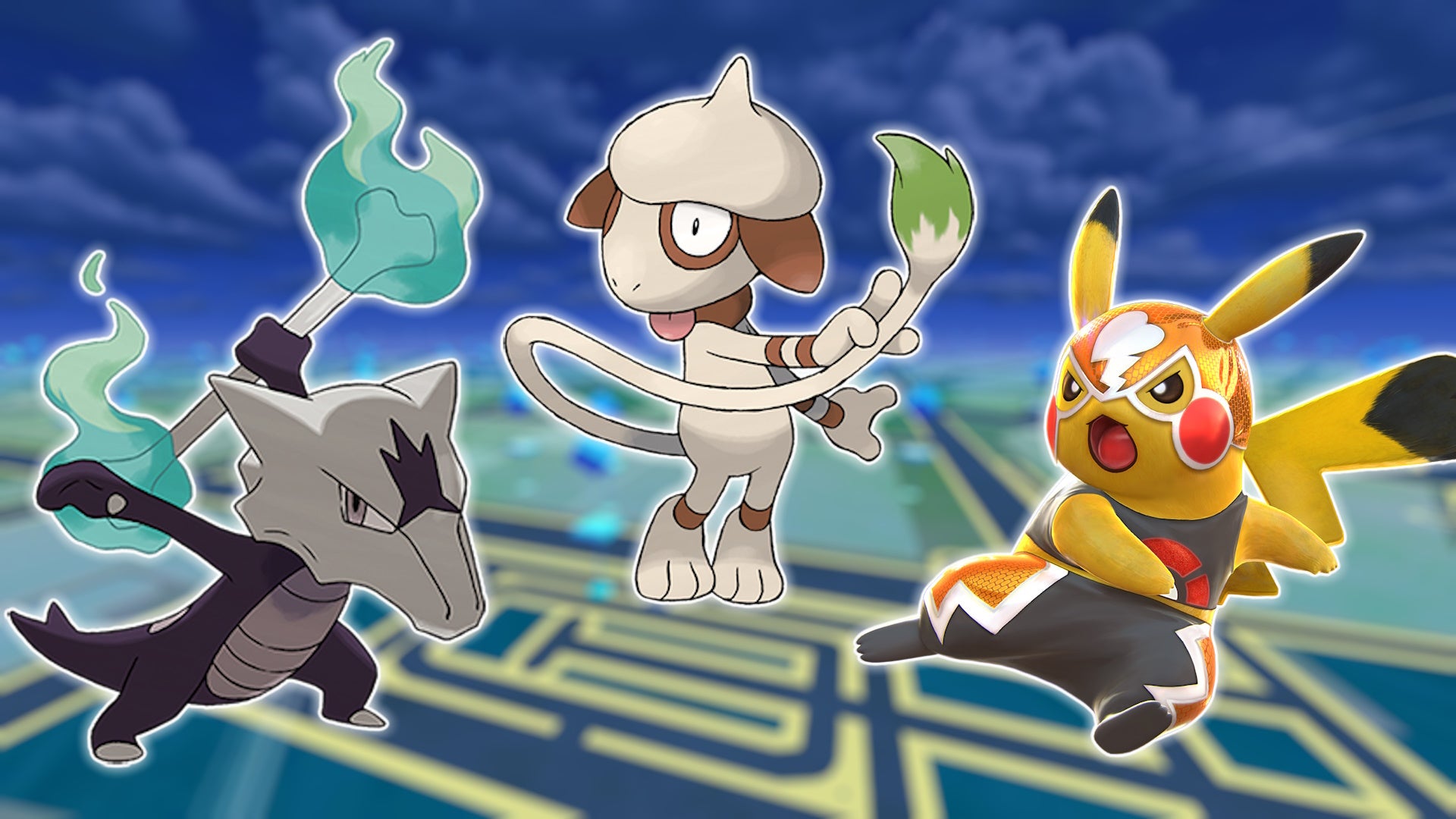 Blurred background of Pokemon Go map at night with Smeargle, Pikachu Libre and Alolan Maarowak.