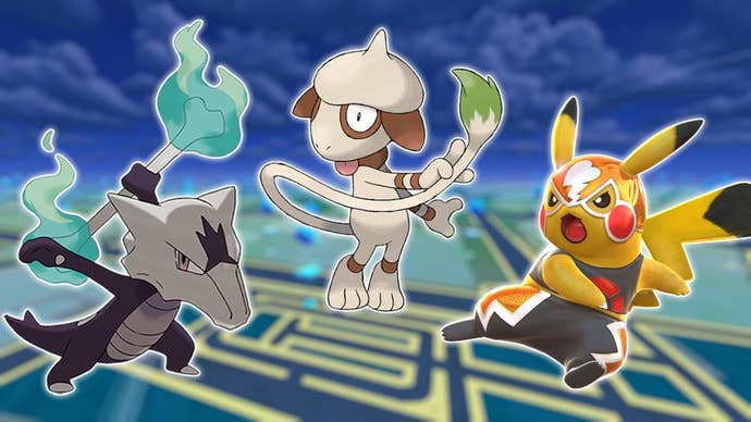 Blurred background of Pokemon Go map at night with Smeargle, Pikachu Libre and Alolan Maarowak.