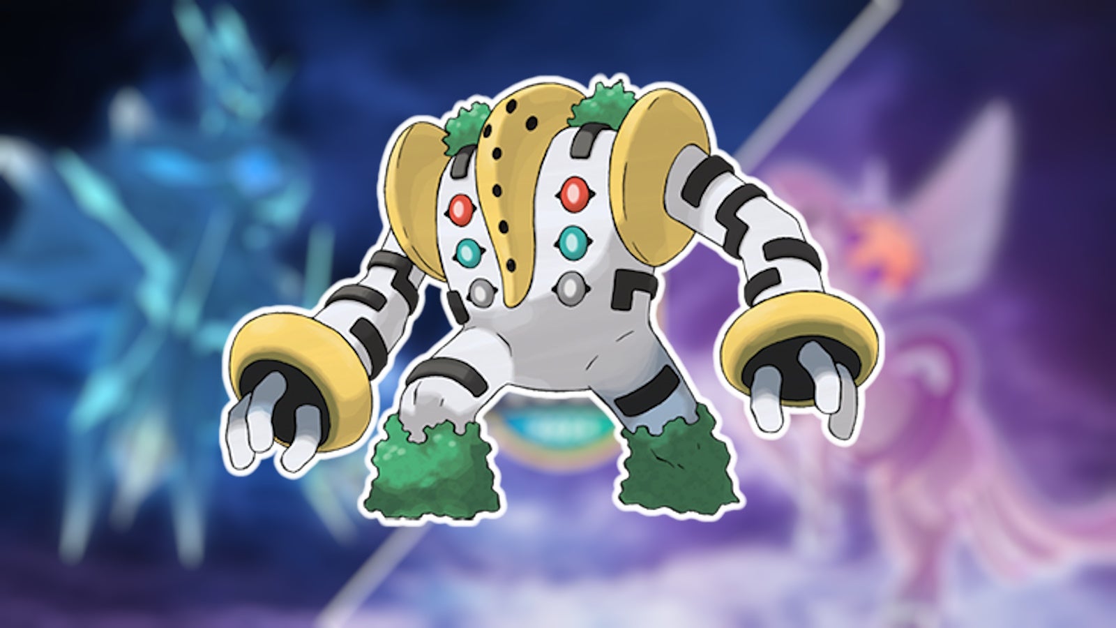 Rigigigas on a blurred background of promo art for Go Tour Sinnoh 2024 in Pokemon Go.