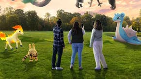 Cropped promotional image for Shared Skies Season in Pokemon Go, showing three people looking at Pokemon in the distance, with Lapras, Ponyta, and Elekid to their sides.