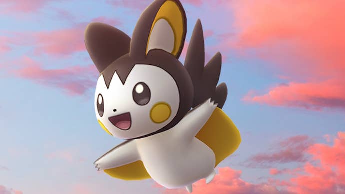 Emolga flying under a red dusk sky in Pokemon Go.