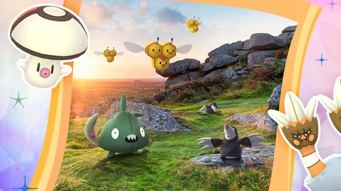 Promotional image for Sustainabilty Week 2024 in Pokemon Go, showing Combee, Foongus, Trubbish, Drilbur, and Binacle on a patch of grasss by some large rocks.