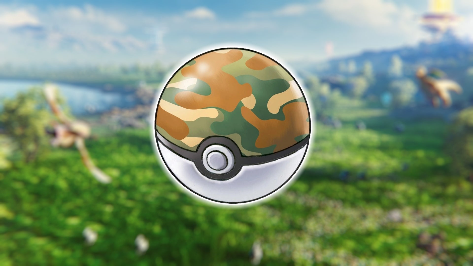 A Safari Ball from Pokémon Go on a blurred grassy background from the Wild Area event.