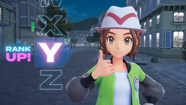 Pokémon Legends Z-A trailer screenshot showing the player character giving the camera a thumbs up next to a ‘rank up!’ notifaction showing them going from Z to Y.