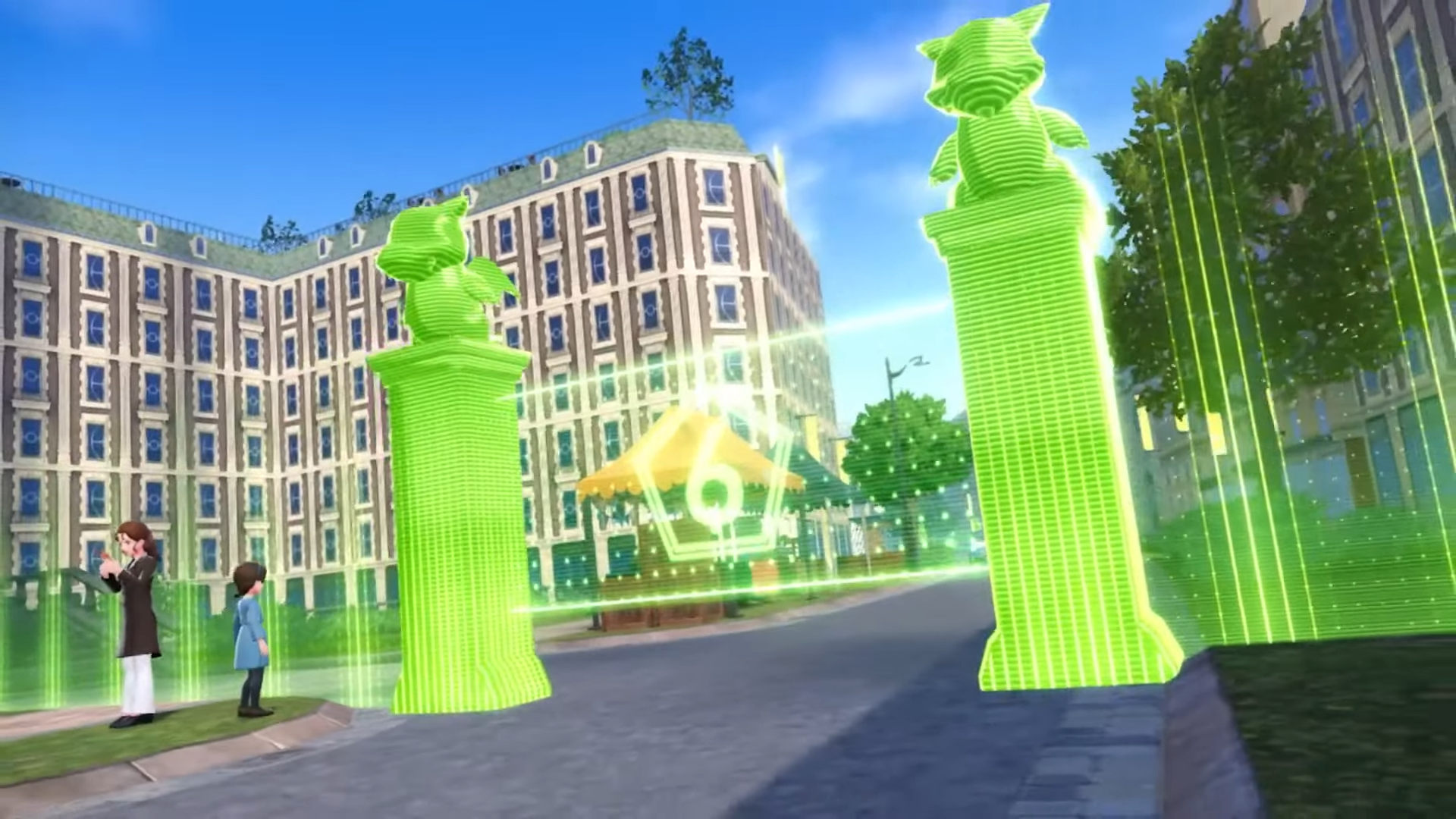 Pokémon Legends Z-A screenshot showing the neon gates to Lumiose City&rsquo;s Wild Area.