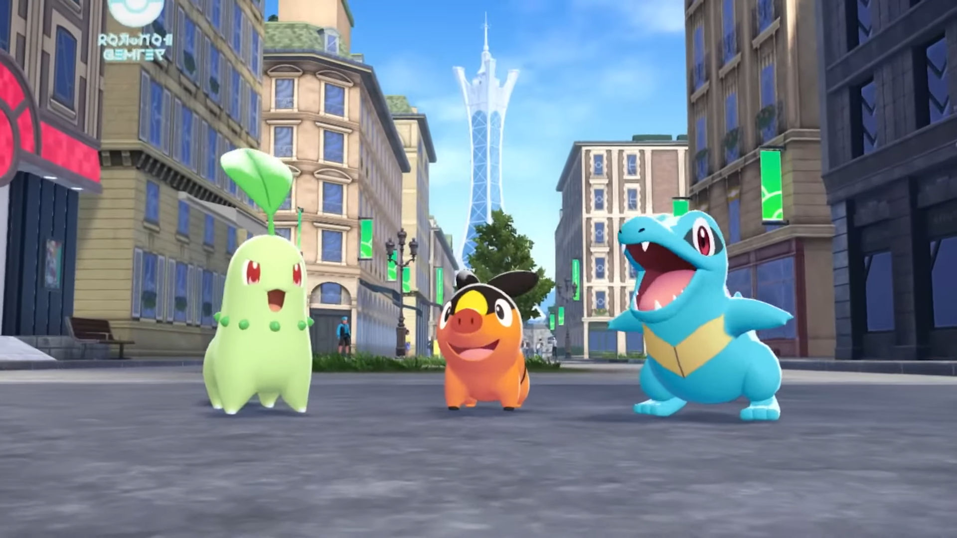 Pokémon Legends Z-A screenshot showing its selection of Starter Pokémon: Chikorita, Tepig and Totodile.