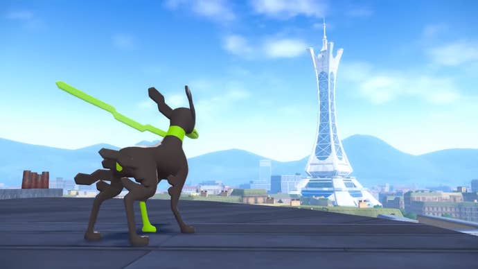 Pokémon Legends Z-A screenshot showing the Legendary Pokémon Zygarde, staring at Prism Tower.