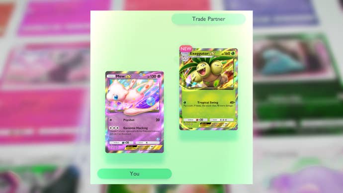 A screenshot of an ongoing trade in Pokemon TCG Pocket - involving Mew ex and Exeggutor ex - is shown