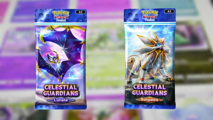 The artwork of both Celestial Guardians booster packs, depicting Solgaleo and Lunala, from Pokemon TCG Pocket are shown