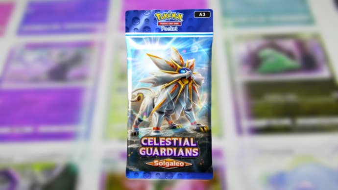The artwork of Celestial Guardians Solgaleo booster pack, depicting Solgaleo, from Pokemon TCG Pocket is shown