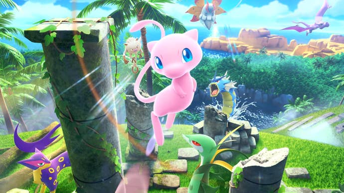 Screenshot of Pokémon TCG Pocket trailer showing cute pink Mew in a forest