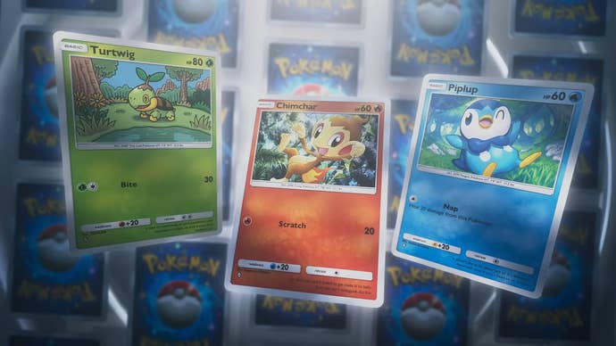 Pokémon TCG Pocket trailer screenshot showing Turtwig, Chimchar and Piplup cards