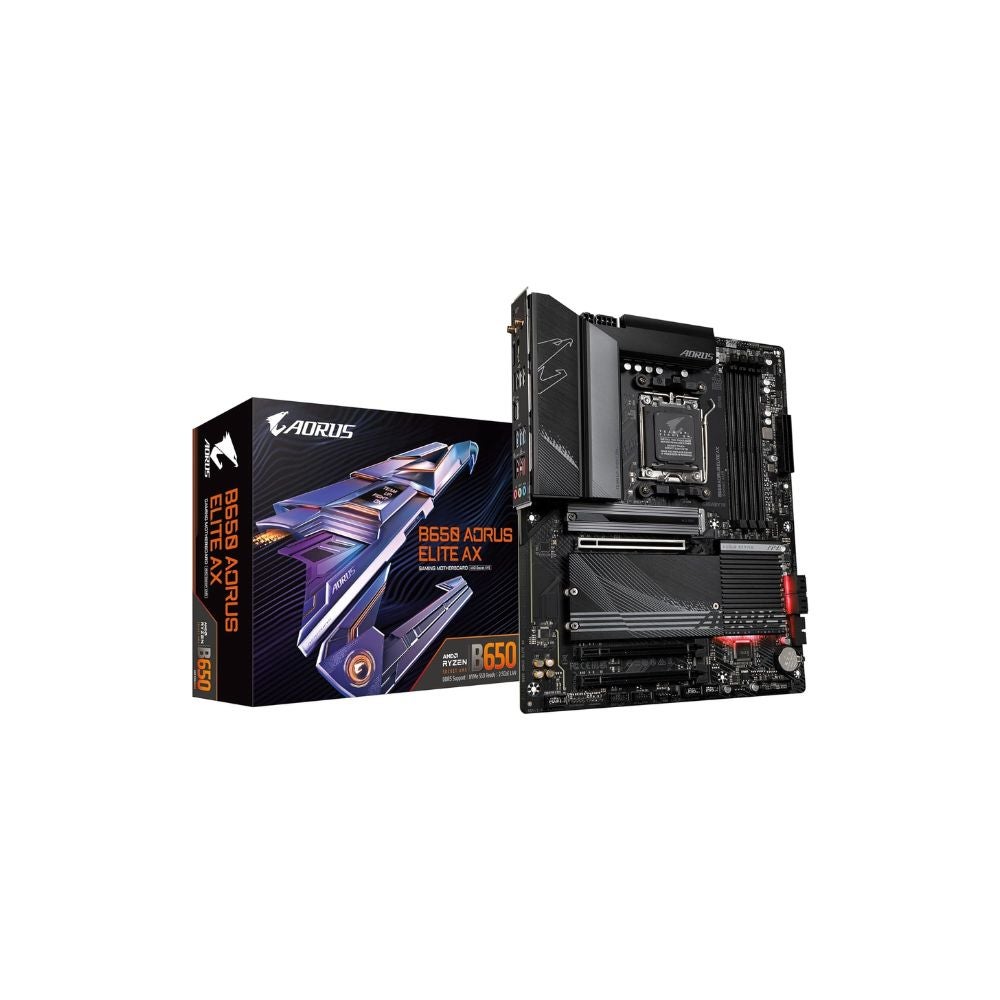 GIGABYTE B650 AORUS Elite AX AMD B650 ATX Motherboard with DDR5, PCIe 5.0, WiFi 6E, 5-Year Warranty on a white background