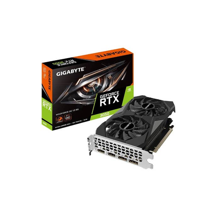 GIGABYTE GeForce RTX 3050 WINDFORCE OC V2 6G Graphics Card, 2X WINDFORCE Fans, 6GB GDDR6 96-bit GDDR6, GV-N3050WF2OCV2-6GD Graphics Card on a white background