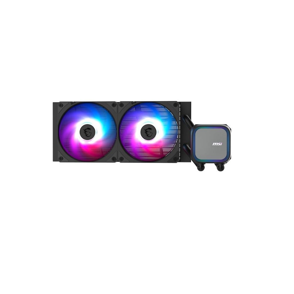 MSI MAG Coreliquid A13 240 - AIO ARGB CPU Liquid Cooler - 240mm Radiator - LGA 1700/1851 / AM5/AM4 Compatible - Dual 120mm ARGB PWM Fans, Black on a white background