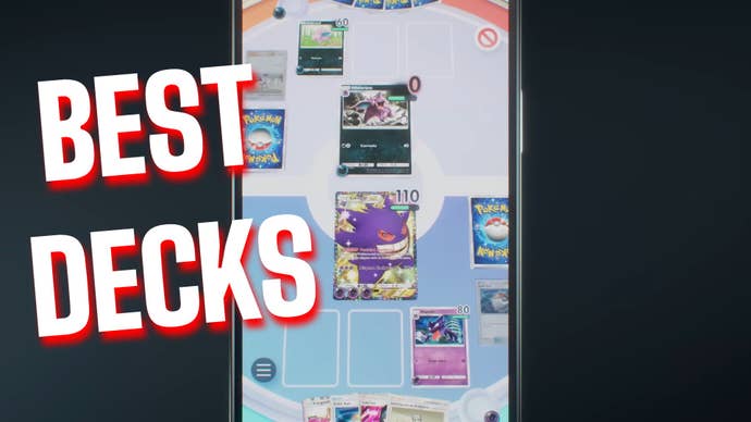 A player battles on mobile phone in Pokemon TCG Pocket, with the text ‘Best Decks’ overlayed on it