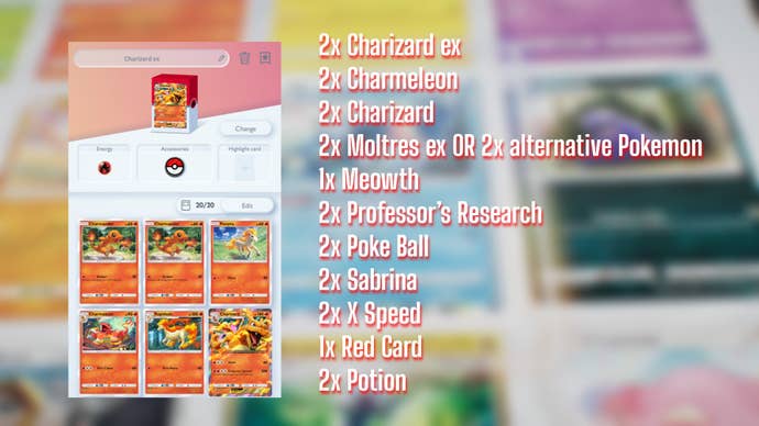 A deck list for a Charizard ex deck in Pokemon TCG Pocket is shown, alongside a screenshot of the deck being built in-game