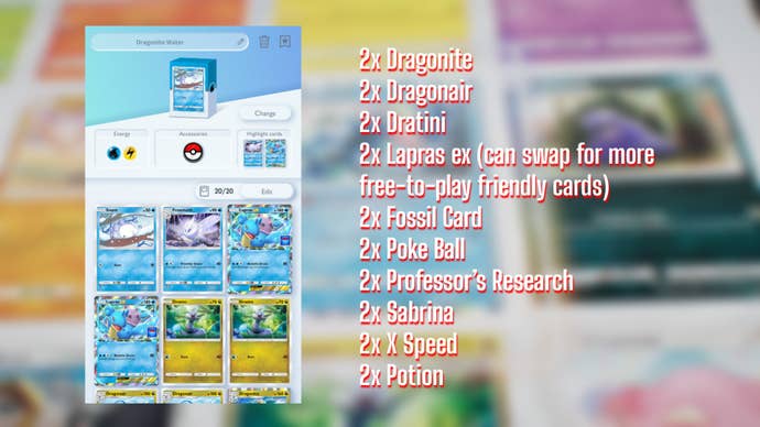 The card list for a Water-type Dragonite deck in Pokemon TCG Pocket is shown alongside a screenshot from the game of the deck being built