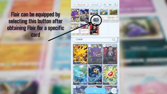A screenshot of a deck being built in Pokemon TCG Pocket is shown, with an arrow pointing to where players can equip Flair to their eligible cards