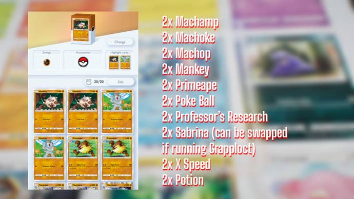 The card list for a Machamp Fighting-type deck in Pokemon TCG Pocket is shown alongside a screenshot from the game of the deck being built