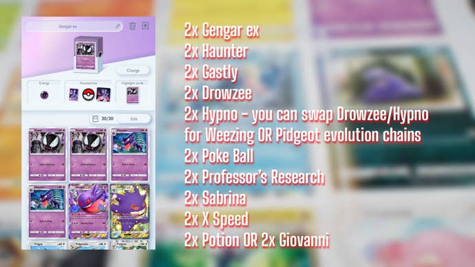 A deck list for a Gengar ex deck in Pokemon TCG Pocket is shown, alongside a screenshot of the deck being built in-game