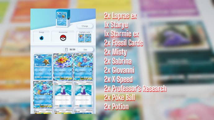 A card list for a Lapras ex deck in Pokemon TCG Pocket is shown, alongside an image of the deck being built