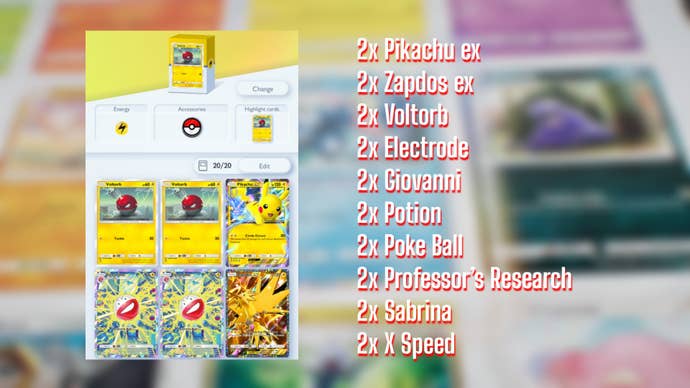 The card list for a premium Pikachu ex deck in Pokemon TCG Pocket is shown alongside a screenshot from the game of the deck being built