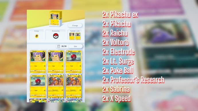 The card list for a free-to-play friendly Pikachu ex deck in Pokemon TCG Pocket is shown alongside a screenshot from the game of the deck being built