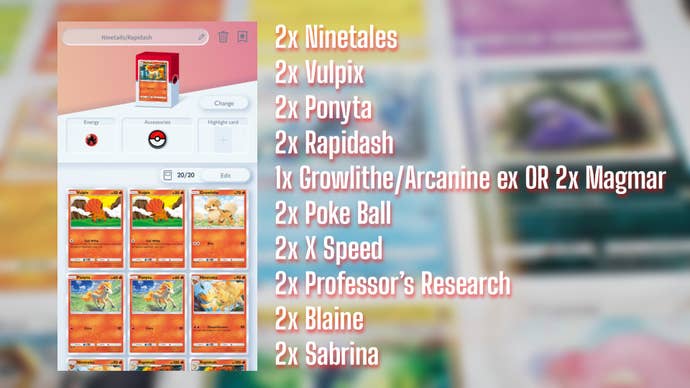 A screenshot from Pokemon TCG Pocket that shows a Rapidash and Ninetales deck is shown, alongside a deck list